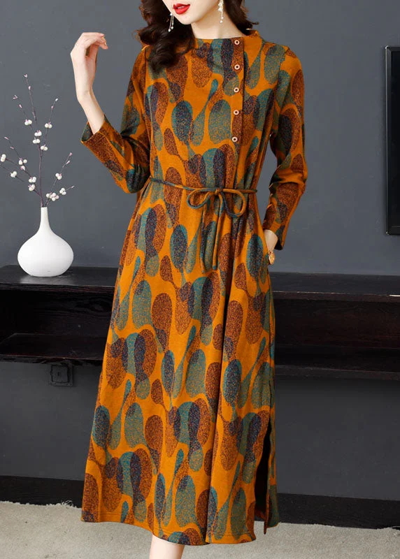 bohemian dressFashion Orange Print Tie Waist Long Dresses Long Sleeve