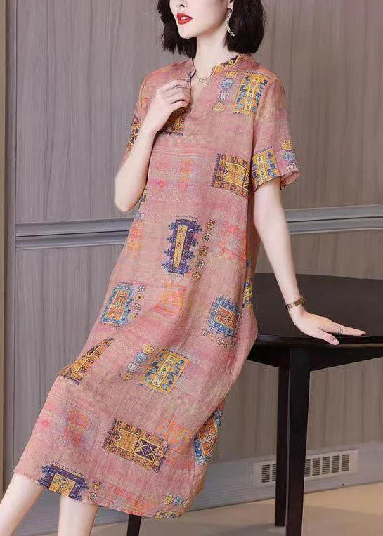 printed dressFrench Colorblock V Neck Print Patchwork Linen Dresses Summer