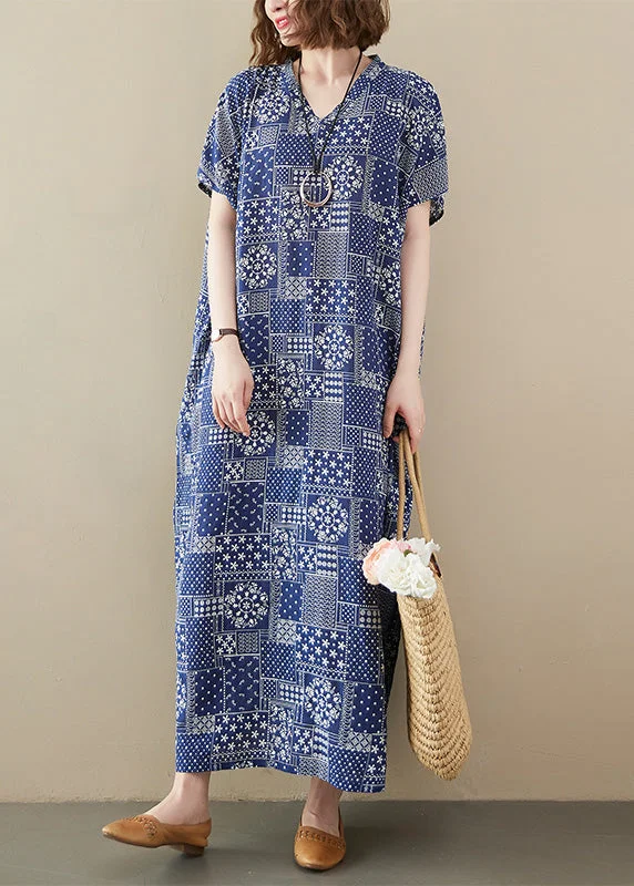 velvet dressElegant Blue V Neck Print Cotton Beach Long Dress Short Sleeve