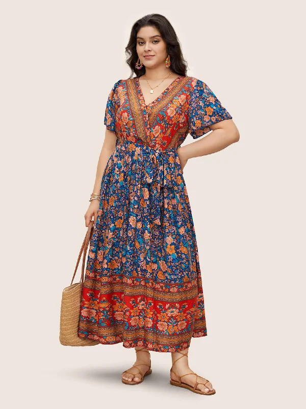 one-shoulder dressBandana Surplice Neck Pocket Belted Flutter Hem Maxi Dress