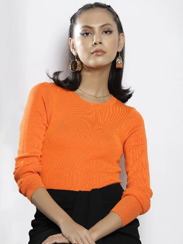 long-sleeve athletic hoodieWomen Orange Rib Round Neck Full Sleeves Crop Sweater