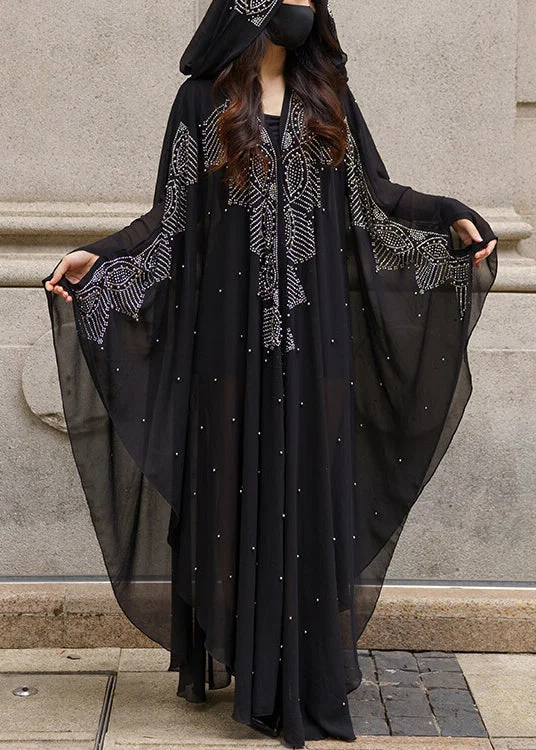 elegant dressItalian Black Hooded Nail Bead Chiffon Maxi Dresses Spring