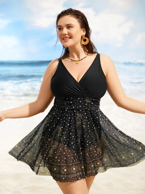 romantic dressOverlap Collar Moon & Star Patchwork Mwsh Swim Dress