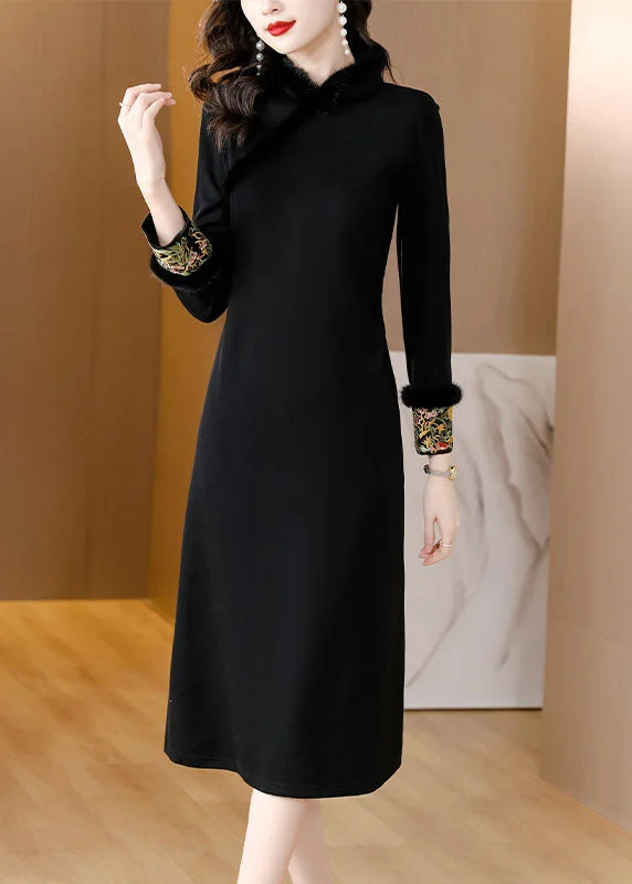 mini dressDinner Black Stand Collar Warm Fleece Mink Hair Maxi Dress Long Sleeve