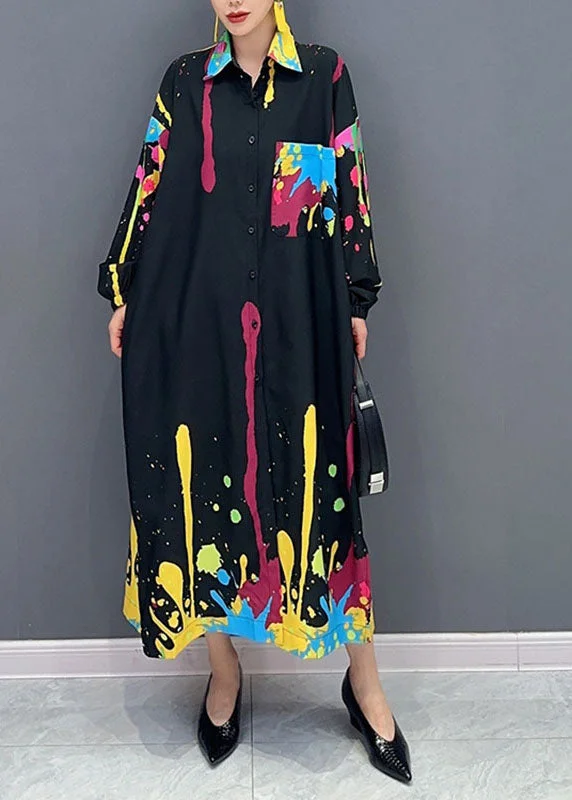 boho dressUnique Black Peter Pan Collar Print Maxi Shirts Dress Long Sleeve