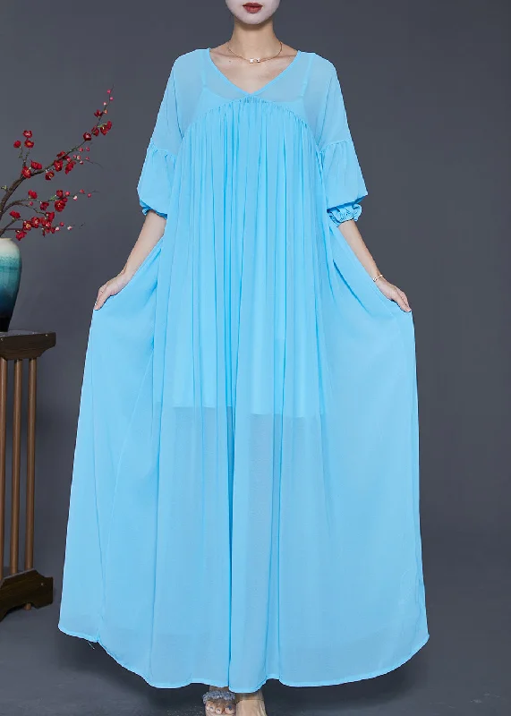 spaghetti strap dressBeautiful Lake Blue Oversized Wrinkled Chiffon Maxi Dress Fall