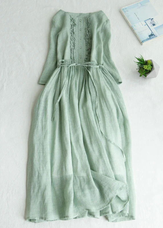 v-neck dressLight Green Patchwork Linen Dresses Ruffled Button Summer