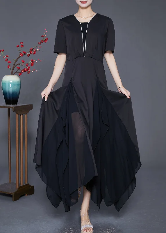 off-shoulder dressStyle Black Asymmetrical Patchwork Exra Large Hem Chiffon Dress Summer