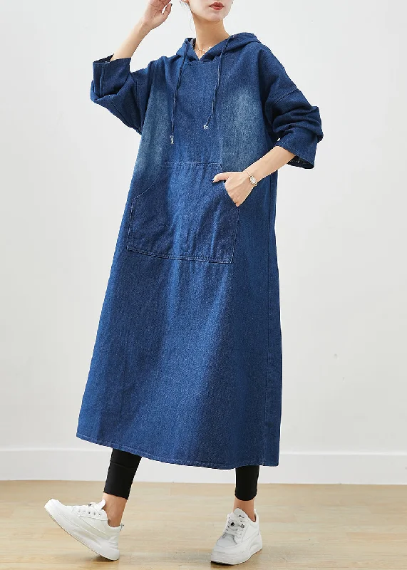 comfy dressClassy Navy Hooded Oversized Denim Sweatshirt Dress Fall