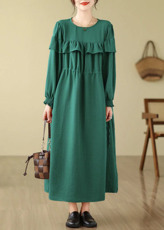 off-the-shoulder dressFrench Green O-Neck Ruffled Patchwork Drawstring Party Long Dress Fall