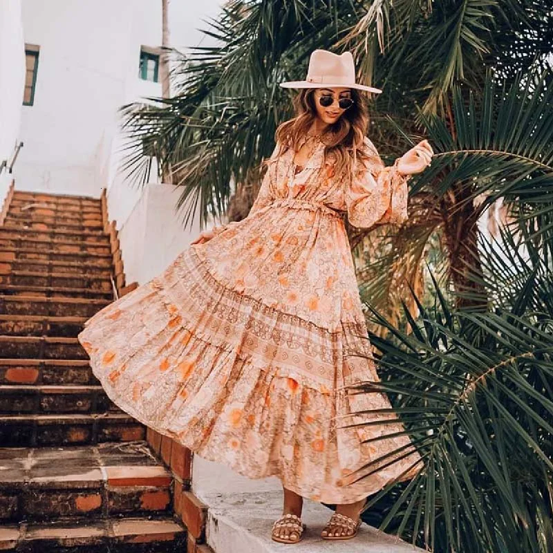 chic slip dressJuliaFashion-Pinkish Orange Loose Long Sleeve Bohemian Dress