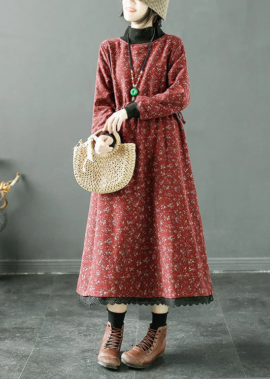 party-ready dressRed Pockets Fleece Long Dresses Turtleneck Long Sleeve