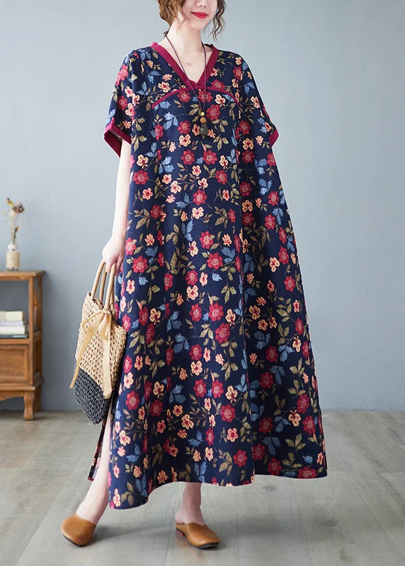 ashionable dressUnique V Neck Print Long Dress Short Sleeve