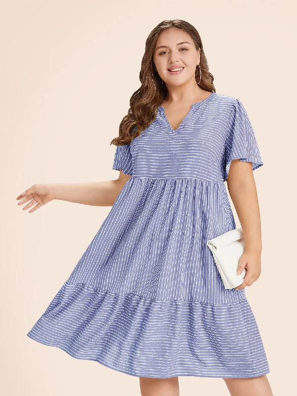 knit dressStriped Patchwork Notched Flutter Layered Babydoll Dress