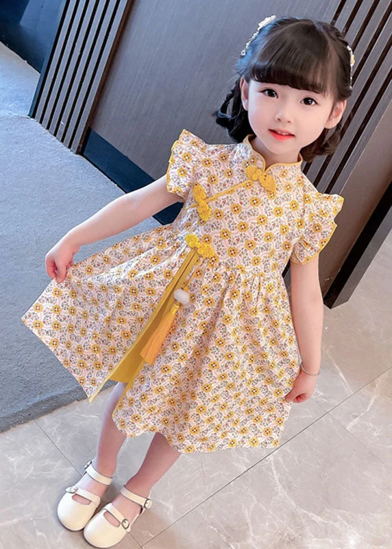 vintage dressUnique Yellow Tasseled Print Patchwork Cotton Baby Girls Dresses Summer