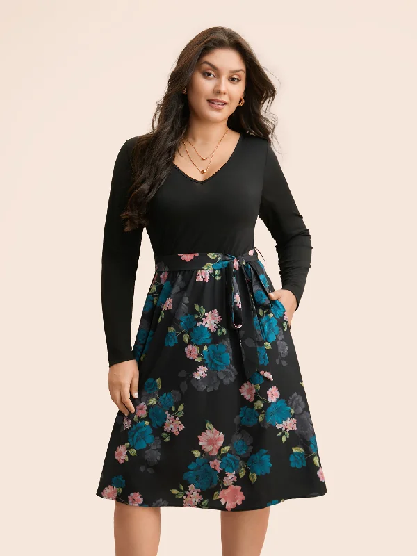 ashionable dressV Neck Floral Patchwork Belted Dress