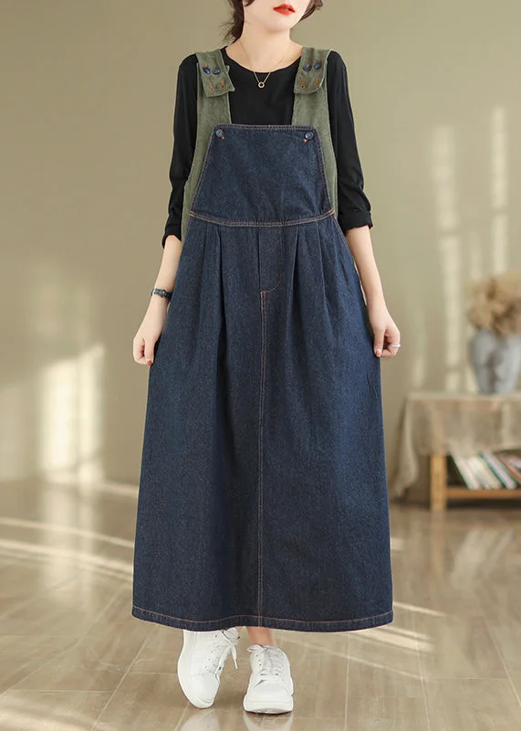 minimalistic dressWomen Navy Button Wrinkled Denim Long Dress Sleeveless