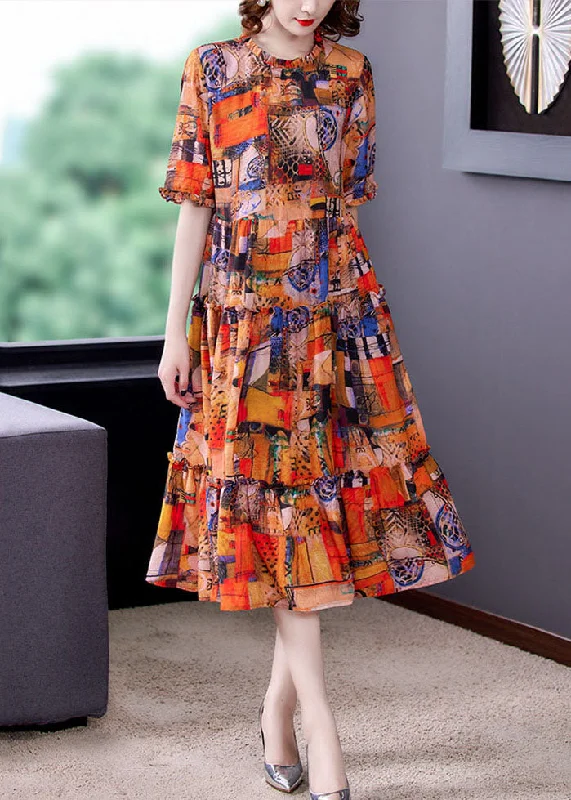 velvet dressBohemian Orange Ruffled Print Patchwork Silk Dress Summer