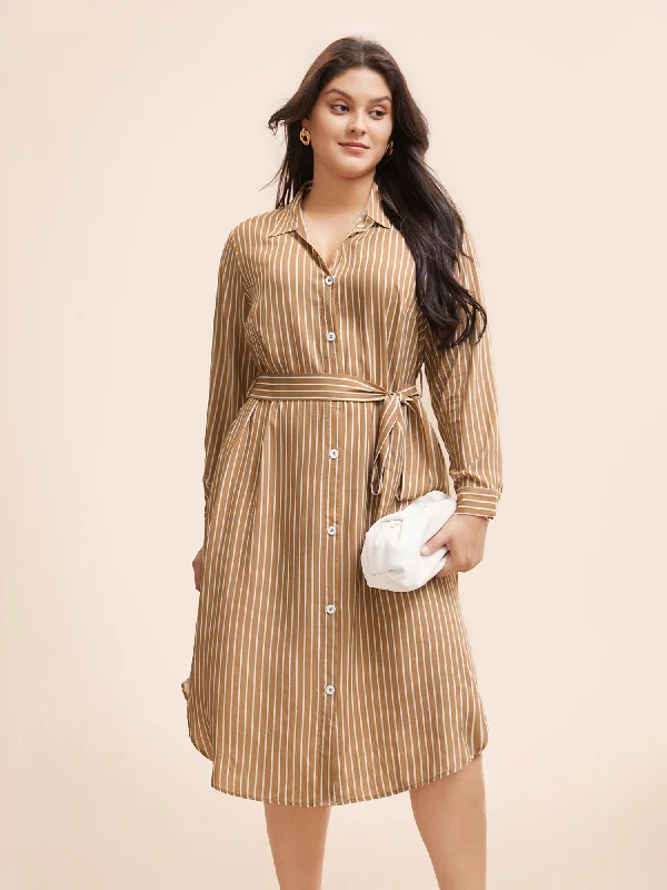 chic wrap dressStriped Shirt Collar Curved Hem Midi Dress