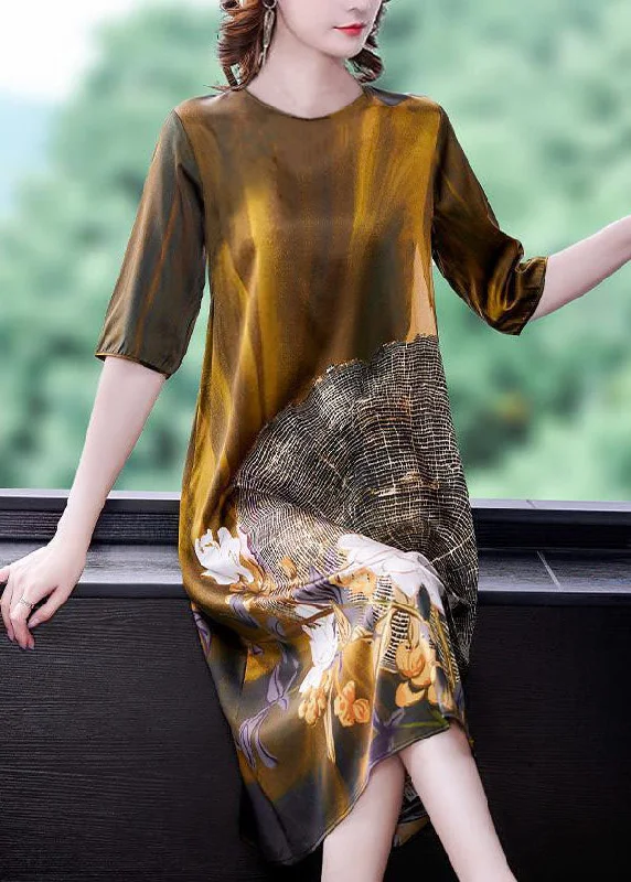 casual day dressElegant Gold O Neck Print Patchwork Silk Dress Summer