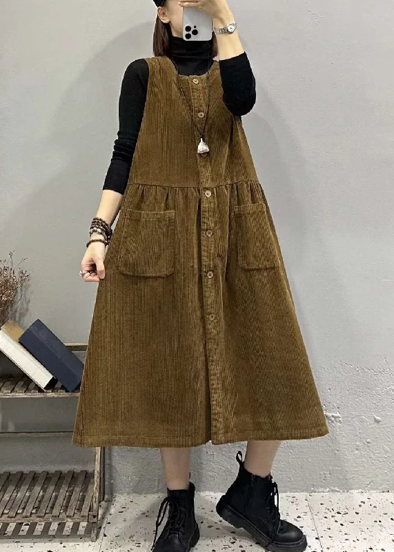 cocktail dressPlus Size Khaki O Neck Button Pockets Corduroy Long Dresses Sleeveless