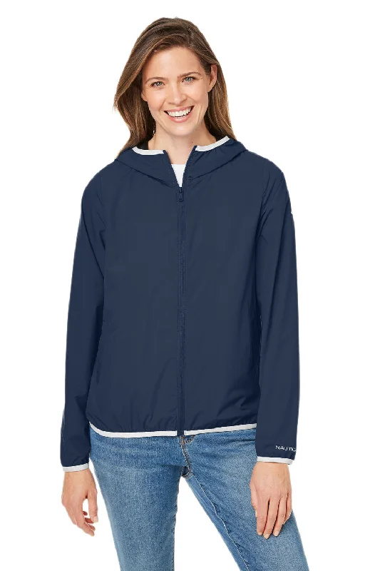 modern outerwearNautica Womens Stillwater Water Resistant Full Zip Hooded Windbreaker Jacket - Navy Blue