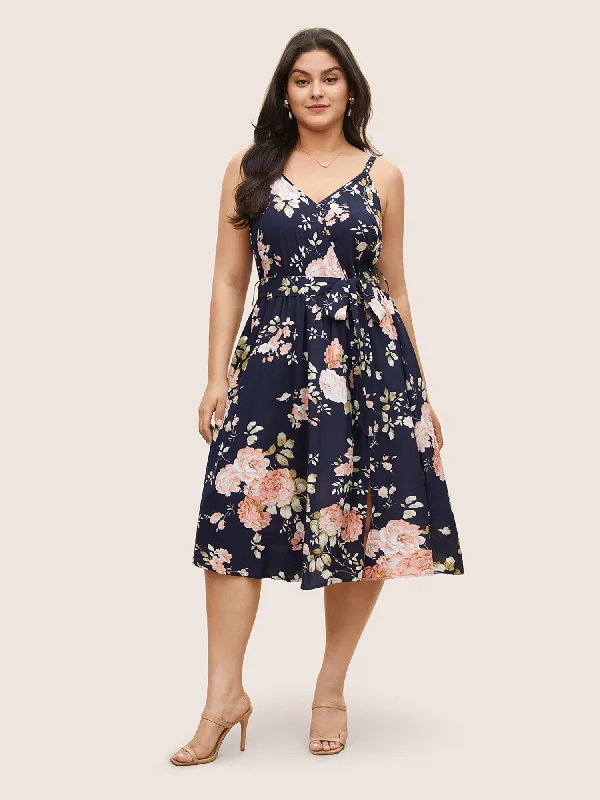 office dressFloral Wrap Elastic Waist Belted Sleeveless Dress