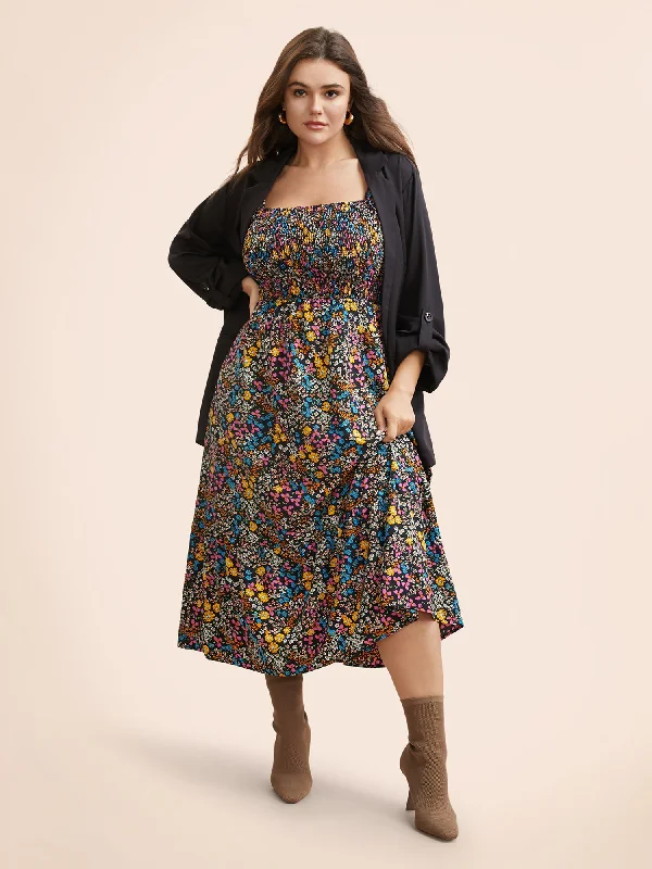 casual evening dressDitsy Floral Shirred Ruffles Midi Dress