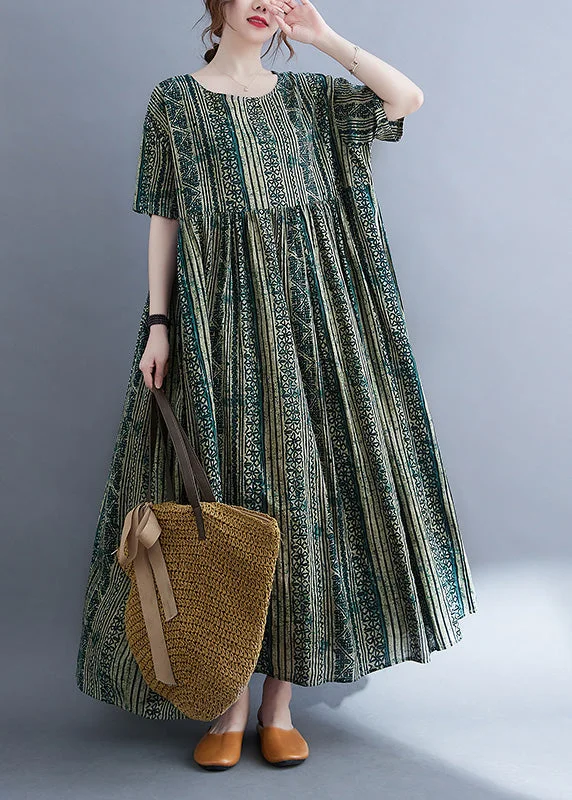 one-shoulder dressVintage Green O-Neck Print Patchwork Maxi Dress Summer