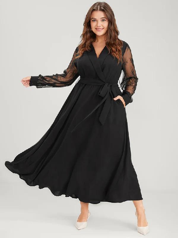 layered dressSolid Lace Lantern Sleeve Button Lapel Collar Belted Maxi Dress