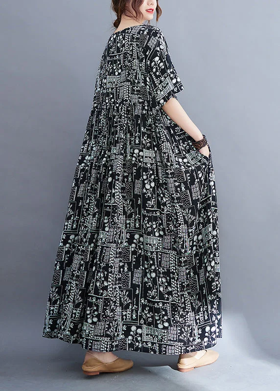 one-shoulder dressLoose Black Print Zippered Maxi Dress Short Sleeve