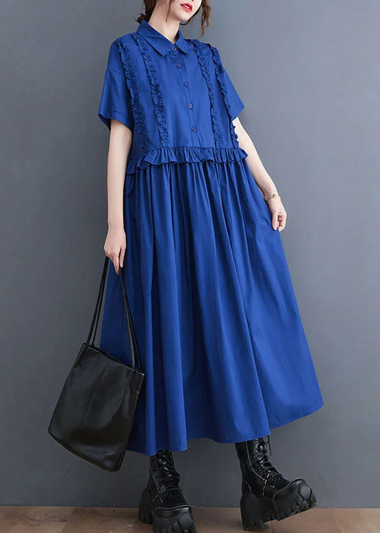 stylish dressItalian Blue Ruffled Patchwork Long Cotton Shirts Dresses Summer