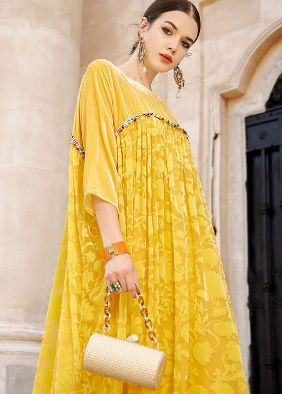 lace dressElegant Yellow Square Collar Patchwork Silk Velour Maxi Dress Bracelet Sleeve