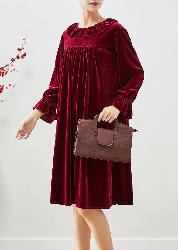 trendy dressPlus Size Mulberry Ruffled Wrinkled Silk Velour Robe Dresses Fall