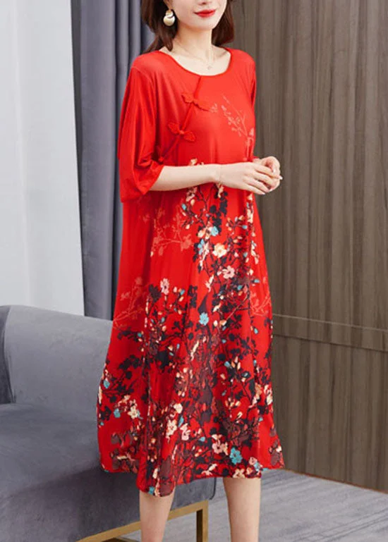 comfy dressBeautiful Red O Neck Print Chinese Button Patchwork Chiffon Dress Summer