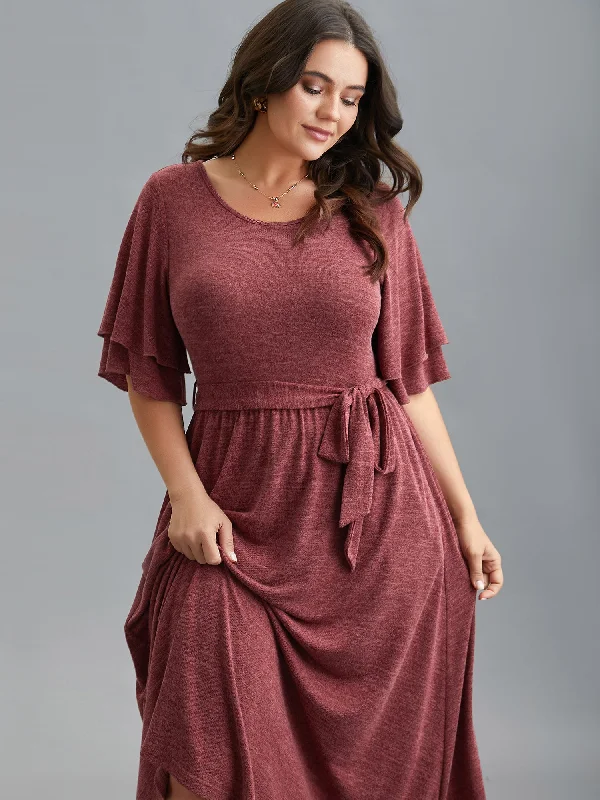 ruched dressLayered Lotus Sleeve Belted Midi Knit Dress