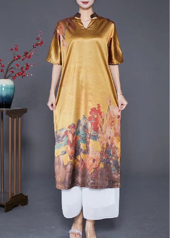 v-neck dressCasual Yellow V Neck Print Silk Party Dress Summer