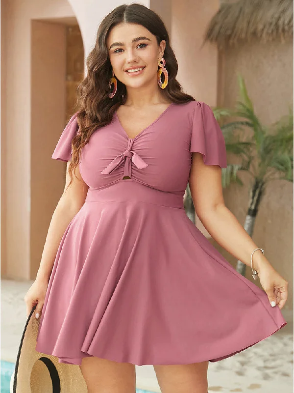 off-the-shoulder dressRuffle Sleeve Knotted Front Ruched Swim Dress