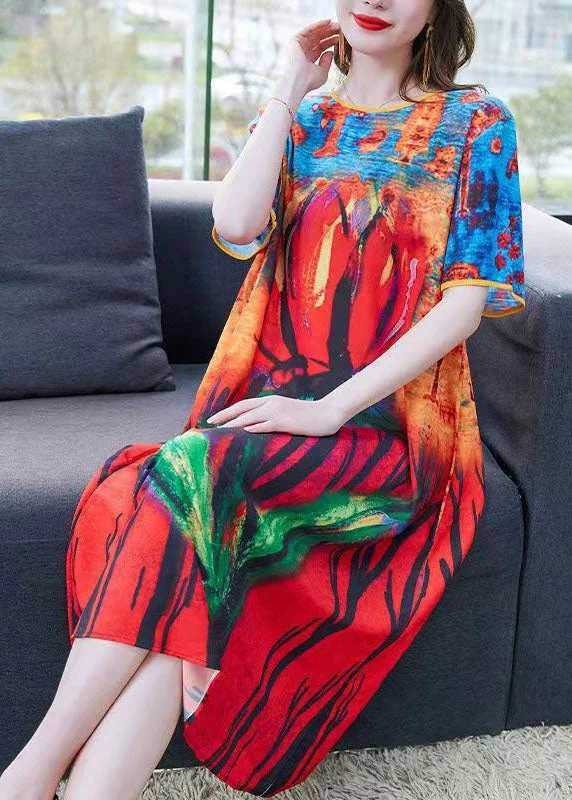 elegant evening dressBoho Colorblock O Neck Print Patchwork Chiffon Dresses Summer