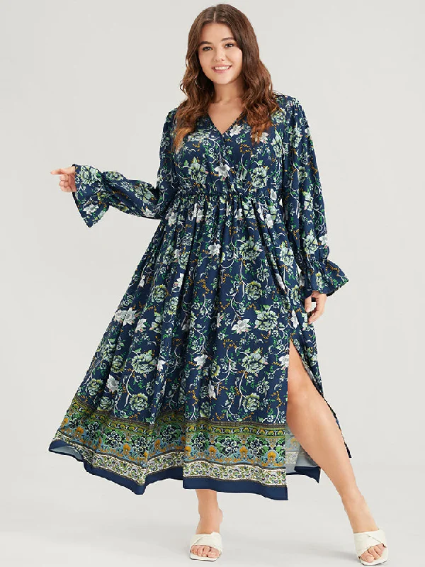 summer floral dressFloral Lantern Sleeve Pocket Split Wrap Flutter Hem Maxi Dress