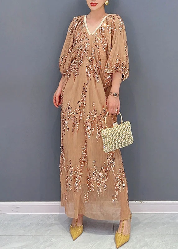 backless dressBeautiful Khaki Sequins Wrinkled Tulle Party Long Dress Puff Sleeve