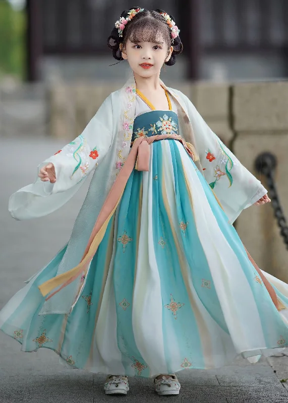 pleated maxi dressVintage Blue Embroideried Wrinkled Patchwork Chiffon Kids Girls Long Dresses Summer