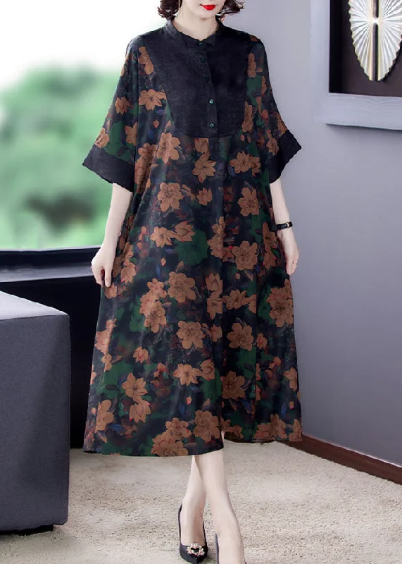 minimalistic dressClassy Floral Stand Collar Button Patchwork Silk Dresses Summer