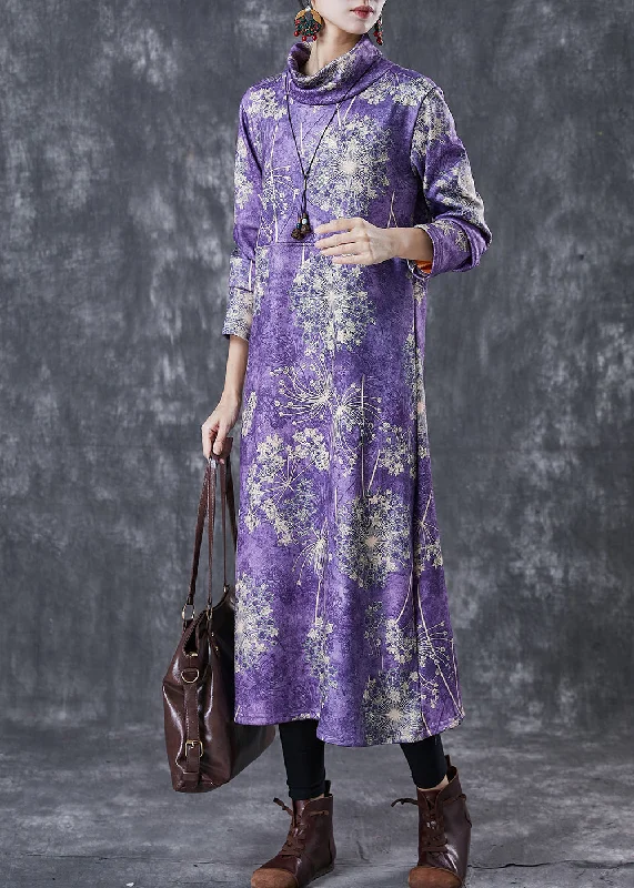 structured dressVintage Purple Turtle Neck Print Warm Fleece Party Dress Winter