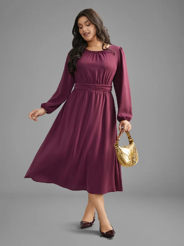 party dressSolid Gathered Lantern Sleeve Midi Dress