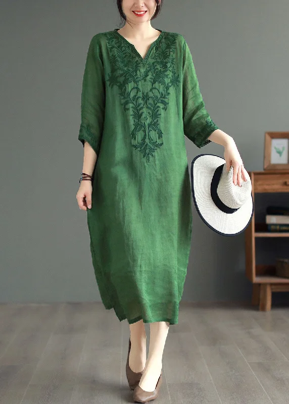 spaghetti strap dressBoutique Green Embroideried Patchwork Linen Dresses Bracelet Sleeve