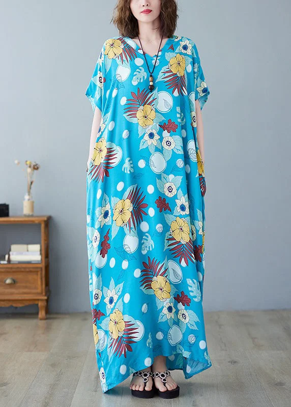 fitted bodycon dressBohemian Light Blue O-Neck Print Cotton Maxi Dresses Summer