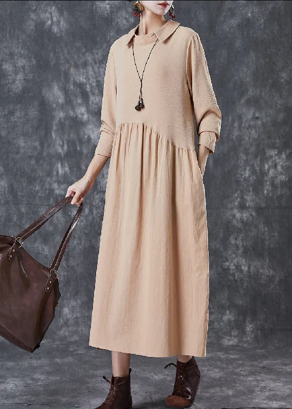 structured dressUnique Khaki Peter Pan Collar Patchwork Cotton Maxi Dresses Spring