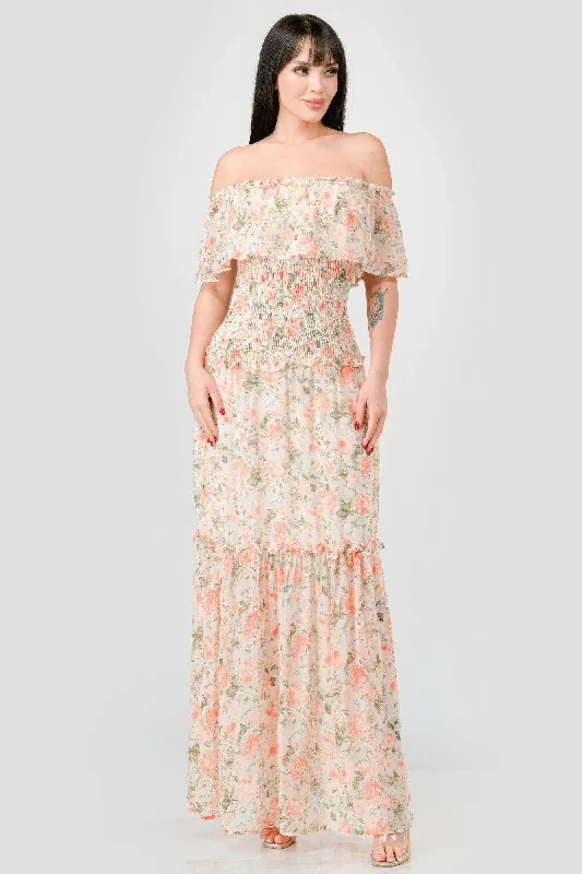 flowy evening dressFloral Chiffon Off Shoulder Smocked Back Ruffled Tiered Maxi Dress