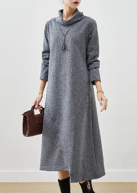 textured dressBohemian Grey Turtle Neck Cotton Vacation Dresses Fall